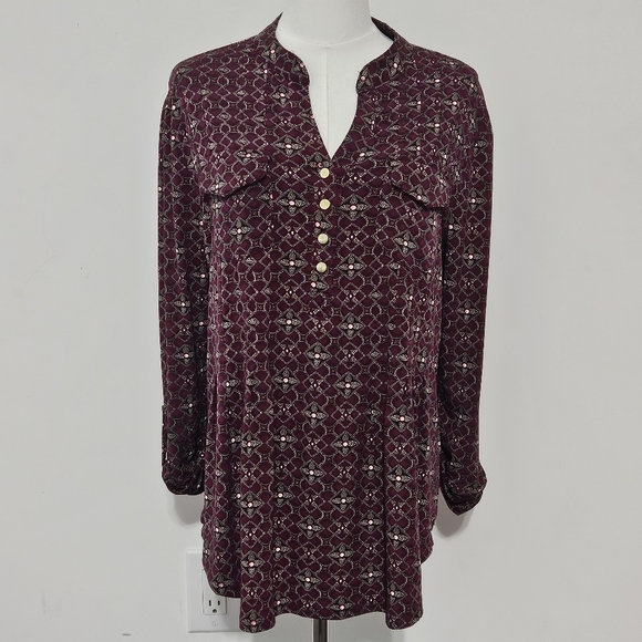 Dress Barn Tops - Dressbarn Size L Maroon Polyester Long-Sleeveled Womens Blouse Top Shirt with